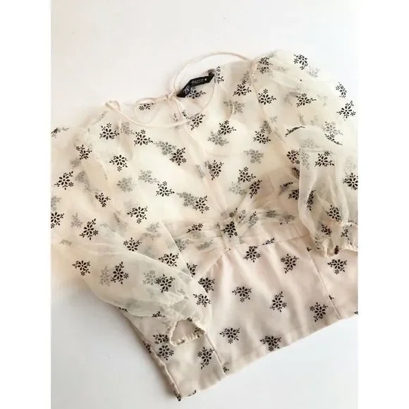 NWOT ZARA Sheer Organza Velvet Floral Puff Sleeve Bustier Crop Top Blouse Size S - Picture 6 of 13